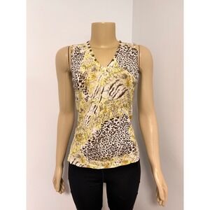 Y2K Joseph A. Womens Yellow Animal Print V-Neck Studded Knit Tank‎ Top M/Large